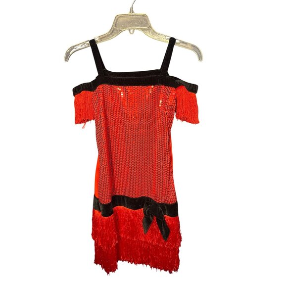 Girls Halloween Flapper Dress Size 14 Red & Black Sequined Fringe Hallows Eve - Picture 1 of 5